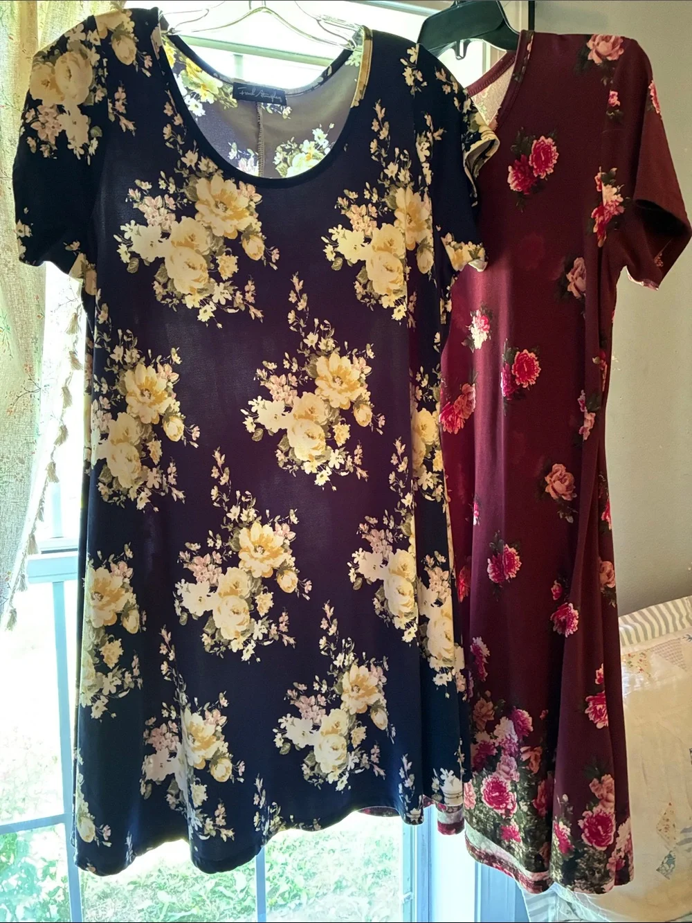 2 Floral Short-Sleeve Swing Dresses- Yellow/Pink Floral Print XL - Picture 1 of 1